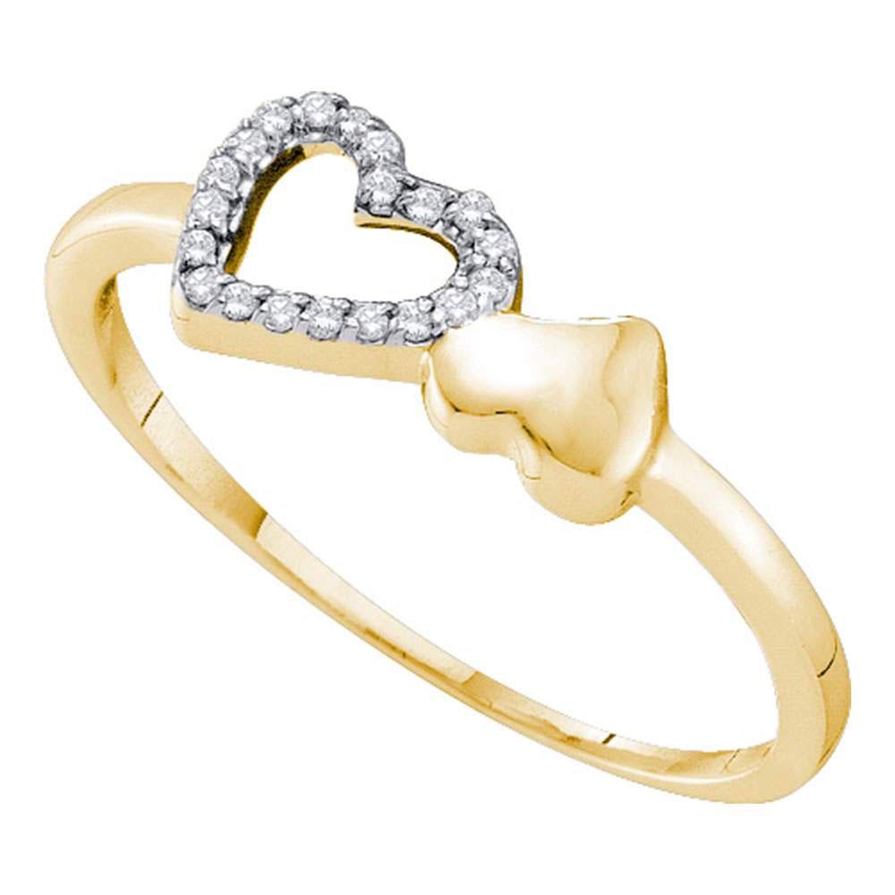 Diamond Heart Ring | 10kt Yellow Gold Womens Round Diamond Sloender Double Heart Ring 1/20 Cttw | Splendid Jewellery GND