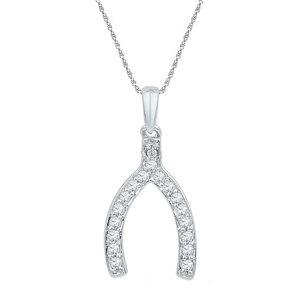 Diamond Horseshoe & Lucky Pendant | 10k White Gold Womens Round Diamond Lucky Wishbone Fortune Pendant 1/6 Cttw | Splendid Jewellery GND