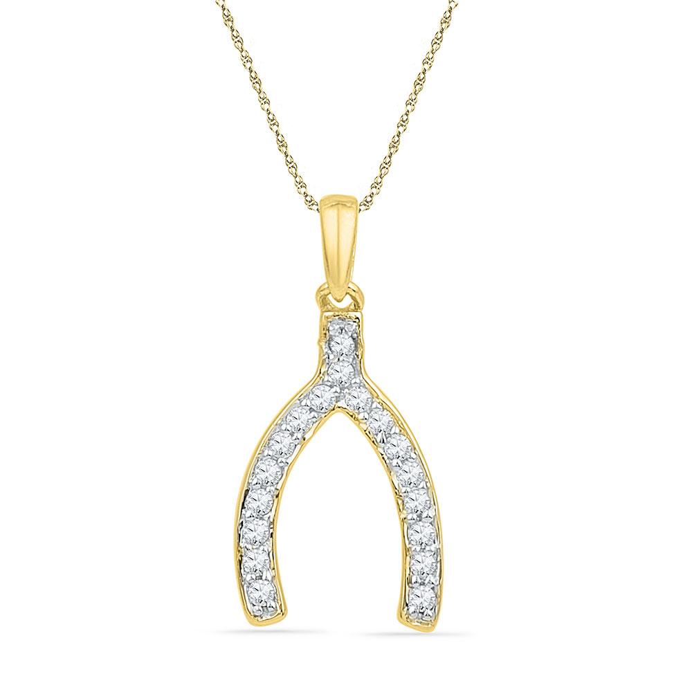 Diamond Horseshoe & Lucky Pendant | 10k Yellow Gold Womens Round Diamond Lucky Wishbone Fortune Pendant 1/6 Cttw | Splendid Jewellery GND