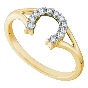 Diamond Horseshoe Ring | 10kt Yellow Gold Womens Round Diamond Lucky Horseshoe Split-shank Ring 1/10 Cttw | Splendid Jewellery GND
