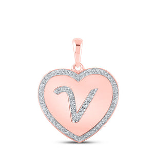 Diamond Initial & Letter Pendant | 10kt Rose Gold Womens Round Diamond Heart V Letter Pendant 1/4 Cttw | Splendid Jewellery GND