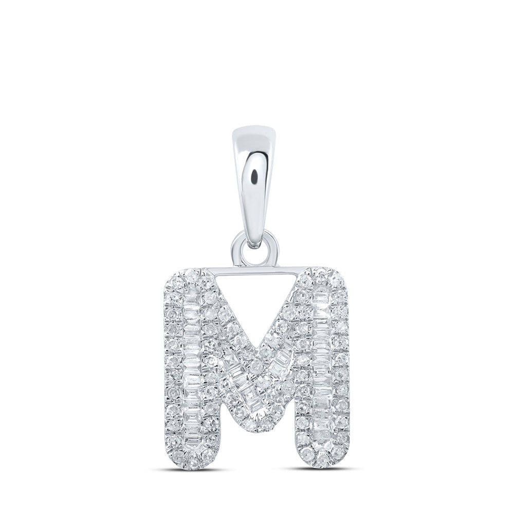Diamond Initial & Letter Pendant | 10kt White Gold Womens Baguette Diamond M Initial Letter Pendant 3/8 Cttw | Splendid Jewellery GND