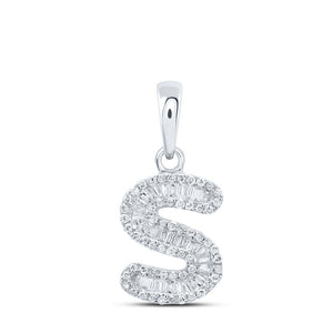 Diamond Initial & Letter Pendant | 10kt White Gold Womens Baguette Diamond S Initial Letter Pendant 1/3 Cttw | Splendid Jewellery GND