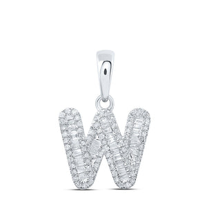 Diamond Initial & Letter Pendant | 10kt White Gold Womens Baguette Diamond W Initial Letter Pendant 3/8 Cttw | Splendid Jewellery GND