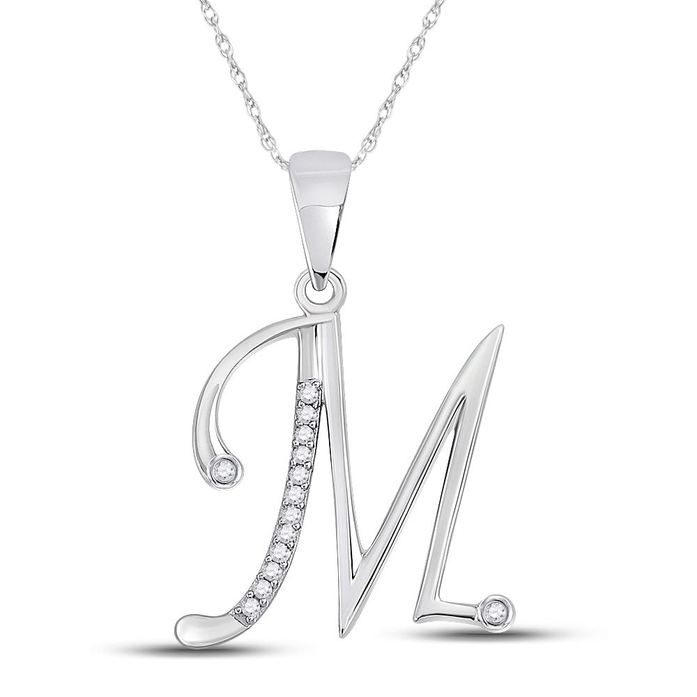 Diamond Initial & Letter Pendant | 10kt White Gold Womens Round Diamond M Initial Letter Pendant 1/20 Cttw | Splendid Jewellery GND