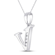Load image into Gallery viewer, Sparkling Diamond Initial Necklace | 10kt White Gold Round Diamond V Initial Pendant 1/20 Cttw | Splendid Jewellery Side view from the 10Kt White Gold Womens Round Diamond V Initial Letter Pendant 1 20 Cttwpin280677 collection by Splendid Jewellery