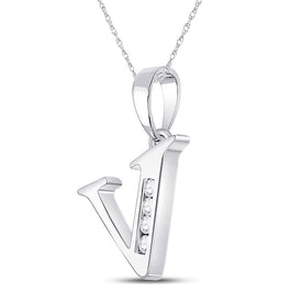 Sparkling Diamond Initial Necklace | 10kt White Gold Round Diamond V Initial Pendant 1/20 Cttw | Splendid Jewellery Side view from the 10Kt White Gold Womens Round Diamond V Initial Letter Pendant 1 20 Cttwpin280677 collection by Splendid Jewellery