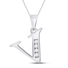 Load image into Gallery viewer, Sparkling Diamond Initial Necklace | 10kt White Gold Round Diamond V Initial Pendant 1/20 Cttw | Splendid Jewellery Top view from the 10Kt White Gold Womens Round Diamond V Initial Letter Pendant 1 20 Cttwpin280677 collection by Splendid Jewellery