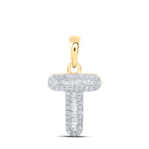 Diamond Initial & Letter Pendant | 10kt Yellow Gold Womens Baguette Diamond T Initial Letter Pendant 1/4 Cttw | Splendid Jewellery GND
