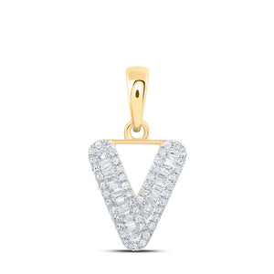 Diamond Initial & Letter Pendant | 10kt Yellow Gold Womens Baguette Diamond V Initial Letter Pendant 1/4 Cttw | Splendid Jewellery GND