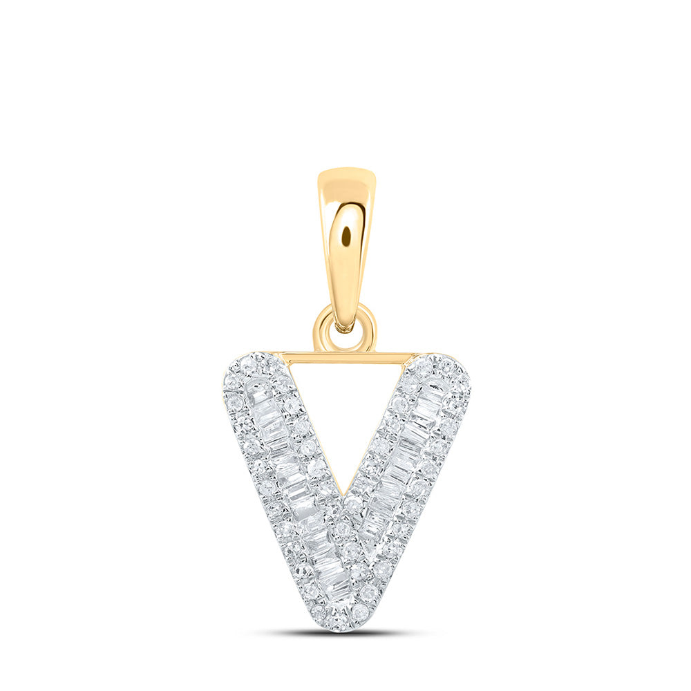 Diamond Initial & Letter Pendant | 10kt Yellow Gold Womens Baguette Diamond V Initial Letter Pendant 1/4 Cttw | Splendid Jewellery GND