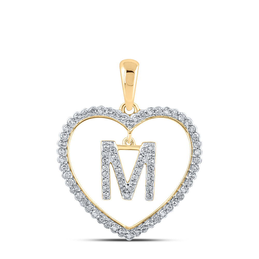 Diamond Initial & Letter Pendant | 10kt Yellow Gold Womens Round Diamond Heart M Letter Pendant 1/4 Cttw | Splendid Jewellery GND