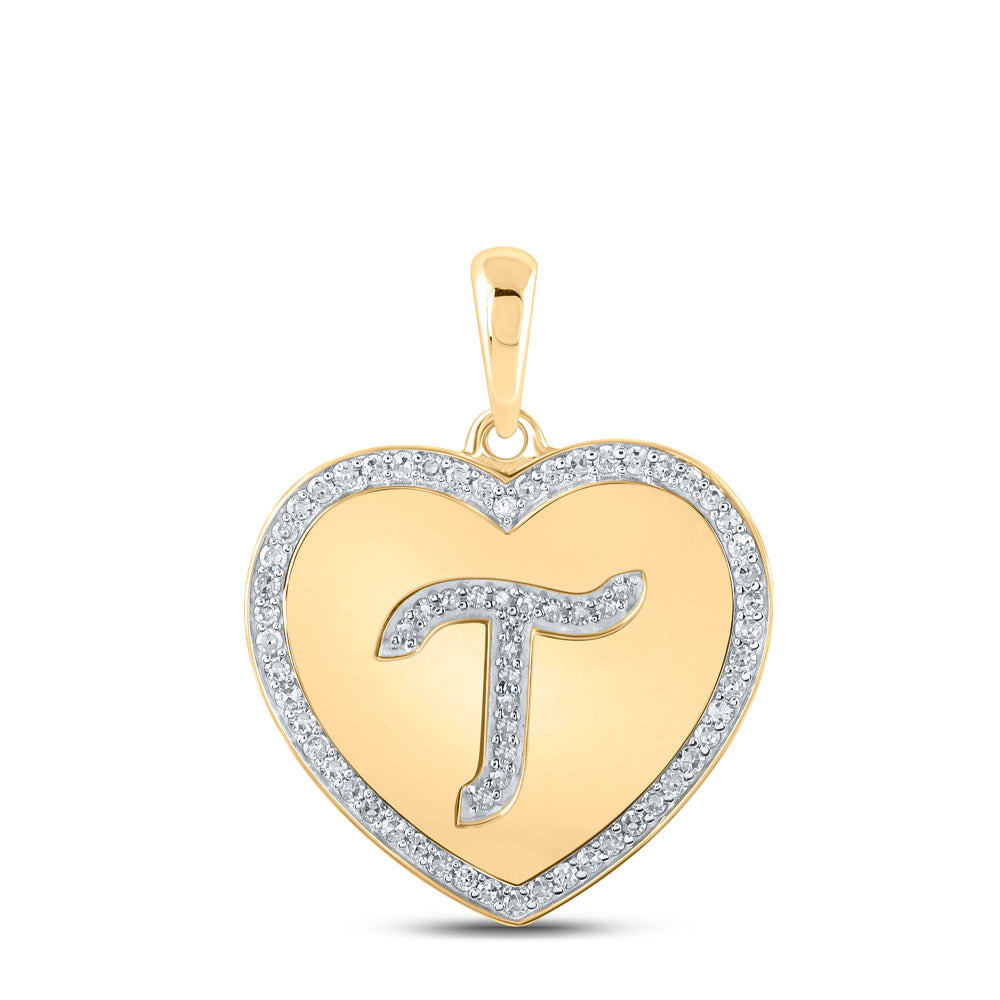 Diamond Initial & Letter Pendant | 10kt Yellow Gold Womens Round Diamond Heart T Letter Pendant 1/4 Cttw | Splendid Jewellery GND