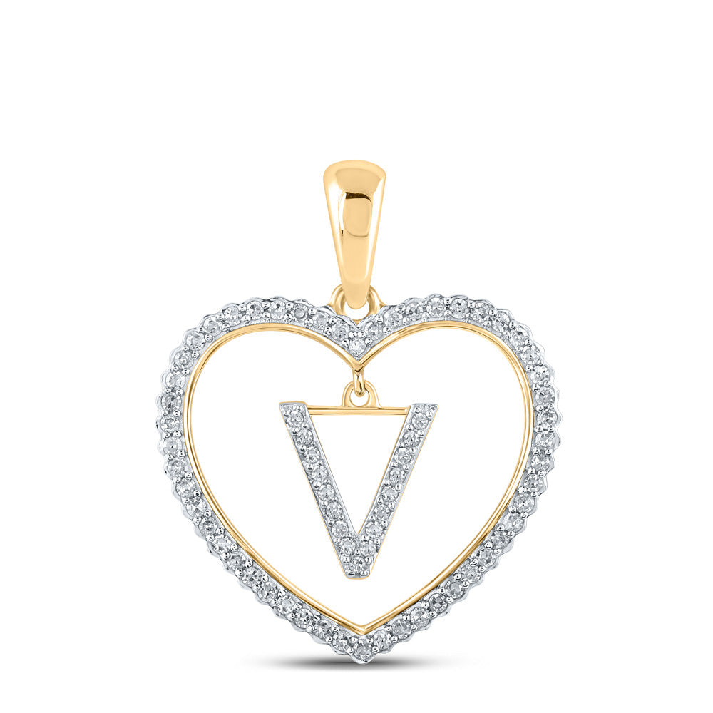 Diamond Initial & Letter Pendant | 10kt Yellow Gold Womens Round Diamond Heart V Letter Pendant 1/4 Cttw | Splendid Jewellery GND