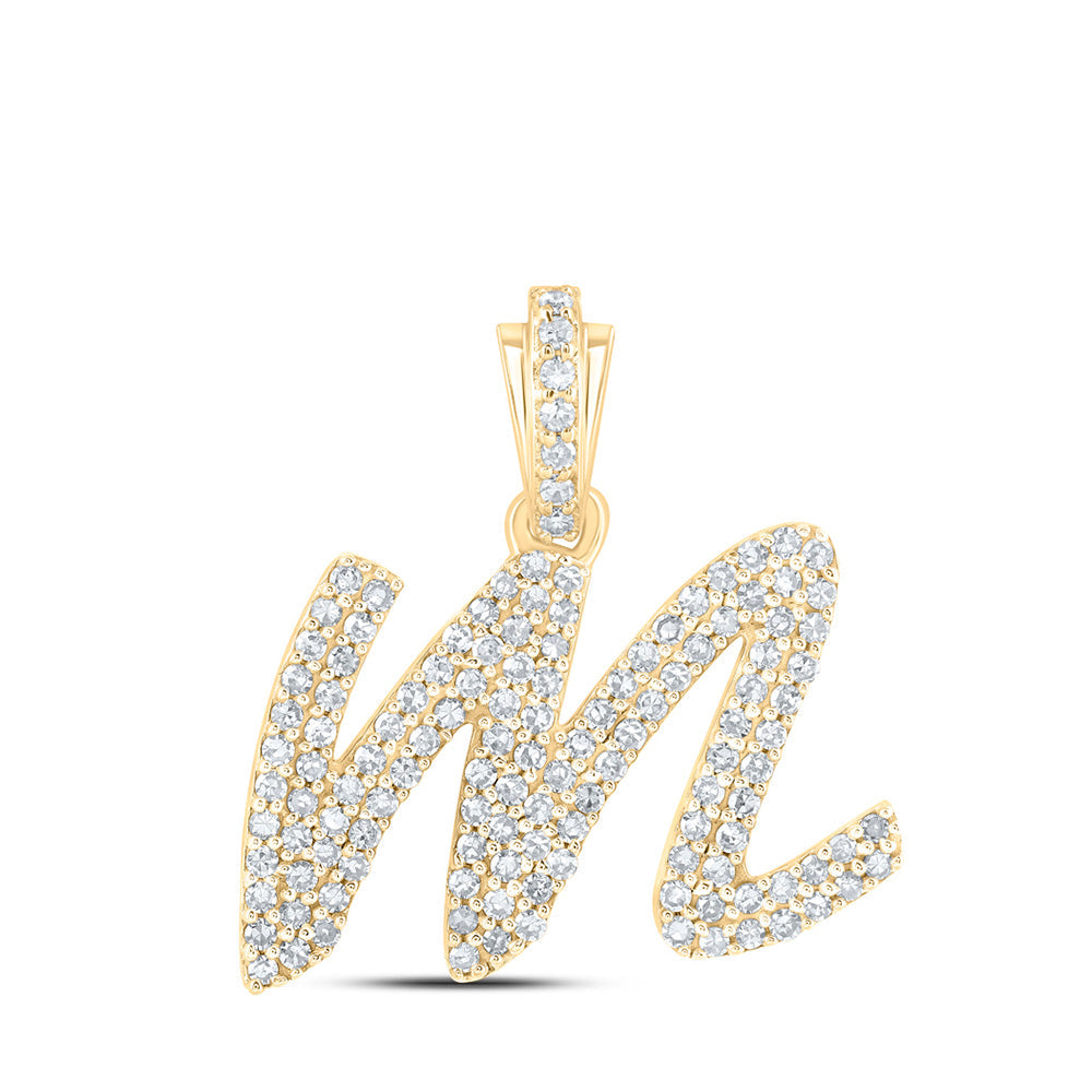 Diamond Initial & Letter Pendant | 10kt Yellow Gold Womens Round Diamond M Cursive Initial Letter Pendant 1/2 Cttw | Splendid Jewellery GND