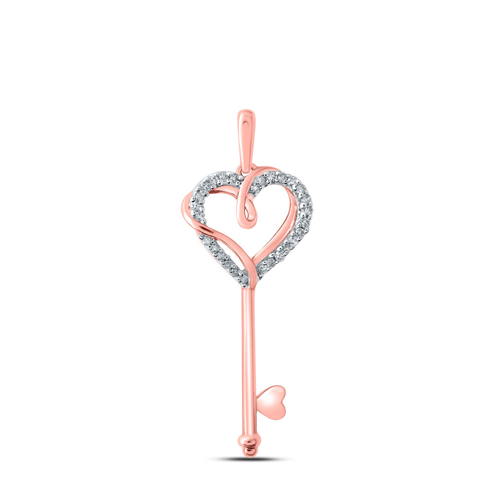 Diamond Key Pendant | 10kt Rose Gold Womens Round Diamond Heart Key Pendant 1/12 Cttw | Splendid Jewellery GND