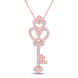 Diamond Key Pendant | 10kt Rose Gold Womens Round Diamond Trefoil Key Pendant 1/5 Cttw | Splendid Jewellery GND