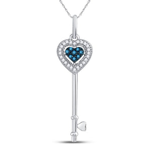 Diamond Key Pendant | 10kt White Gold Womens Round Blue Color Enhanced Diamond Key Love Pendant 1/10 Cttw | Splendid Jewellery GND
