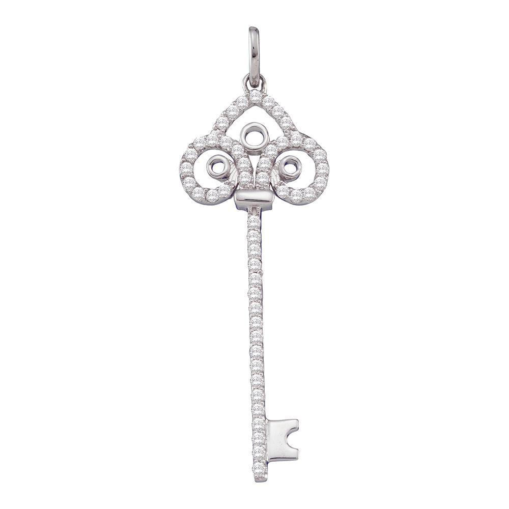 Diamond Key Pendant | 10kt White Gold Womens Round Diamond Slender Trefoil Key Love Pendant 1/2 Cttw | Splendid Jewellery GND