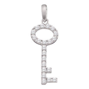 Diamond Key Pendant | 10kt White Gold Womens Round Pave-set Diamond Small Key Pendant 1/4 Cttw | Splendid Jewellery GND