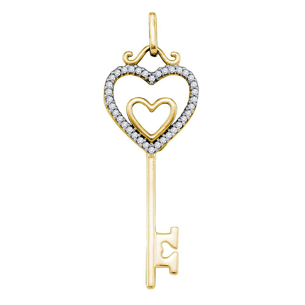 Diamond Key Pendant | 10kt Yellow Gold Womens Round Diamond Heart Key Pendant 1/10 Cttw | Splendid Jewellery GND
