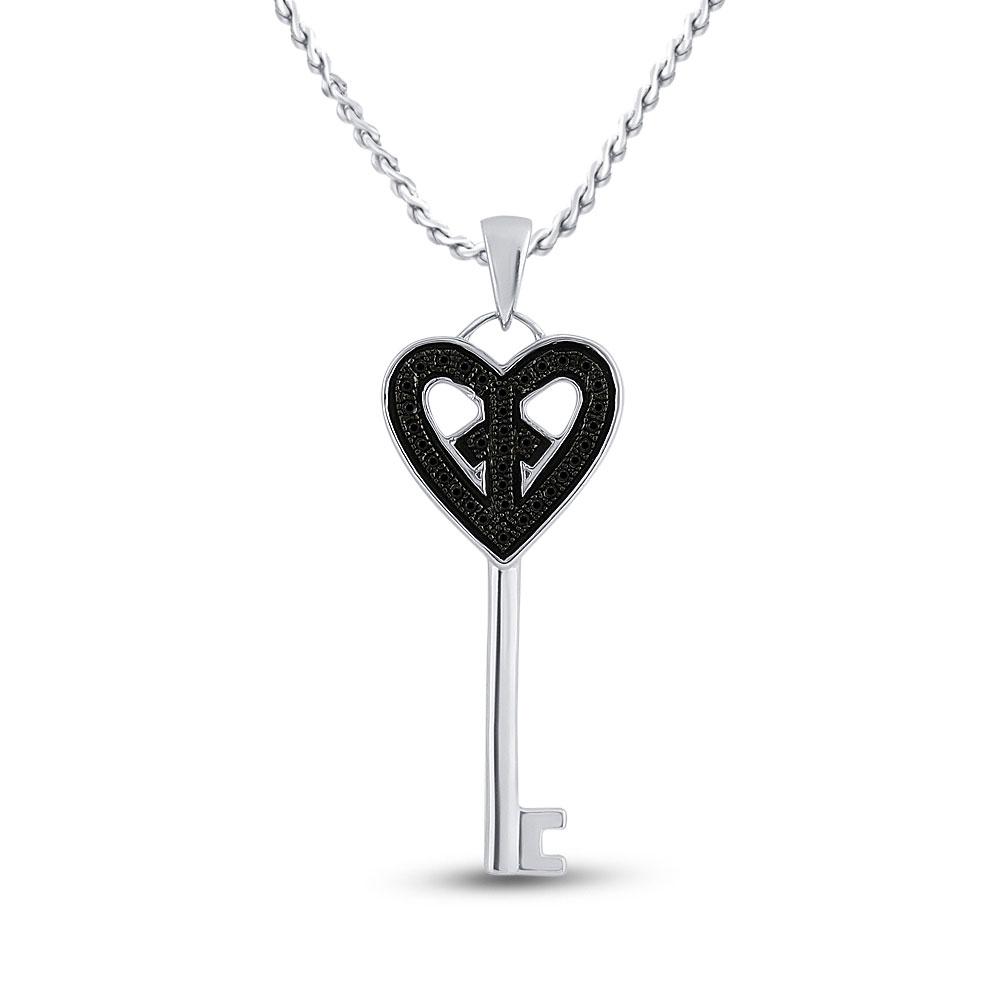 Diamond Key Pendant | Sterling Silver Womens Round Black Color Enhanced Diamond Key Heart Pendant 1/10 Cttw | Splendid Jewellery GND