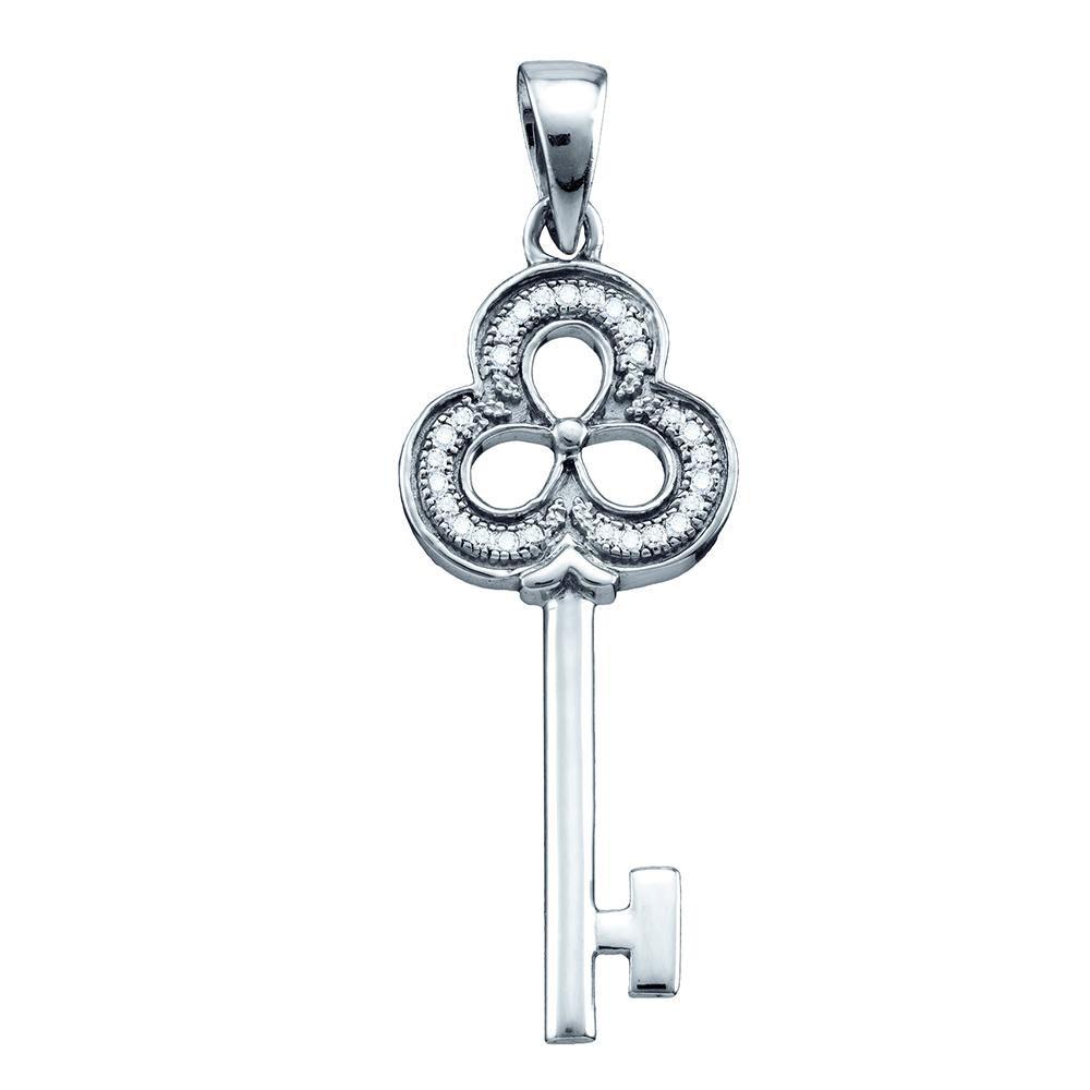 Diamond Key Pendant | Sterling Silver Womens Round Diamond Trefoil Key Love Pendant 1/12 Cttw | Splendid Jewellery GND