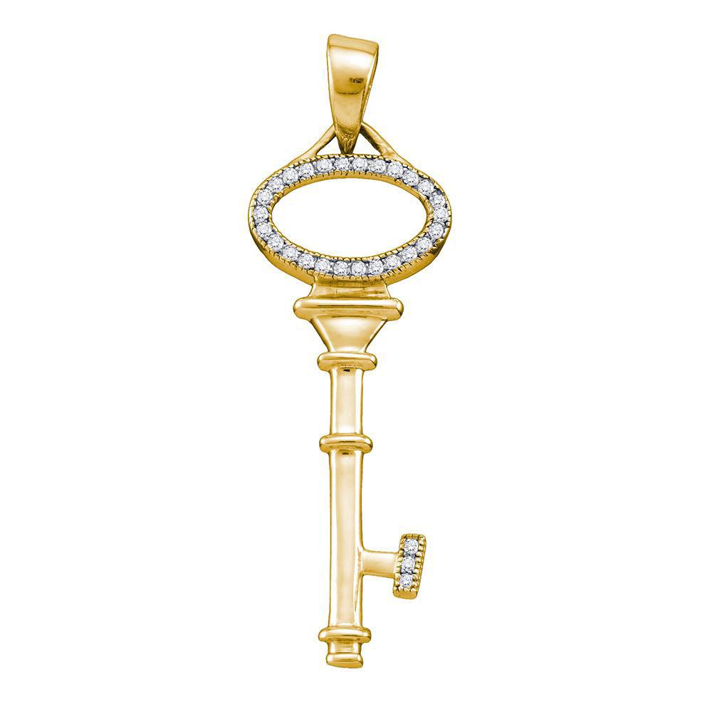 Diamond Key Pendant | Sterling Silver Womens Round Diamond Yellow-tone Key Love Anniversary Pendant 1/10 Cttw | Splendid Jewellery GND