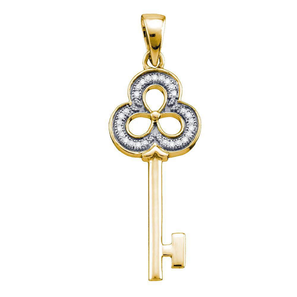 Diamond Key Pendant | Yellow-tone Sterling Silver Womens Round Diamond Trefoil Key Pendant 1/12 Cttw | Splendid Jewellery GND