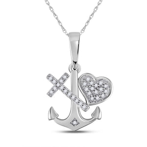 Diamond Nautical Pendant | 10kt White Gold Womens Round Diamond Anchor Cross Heart Pendant 1/12 Cttw | Splendid Jewellery GND