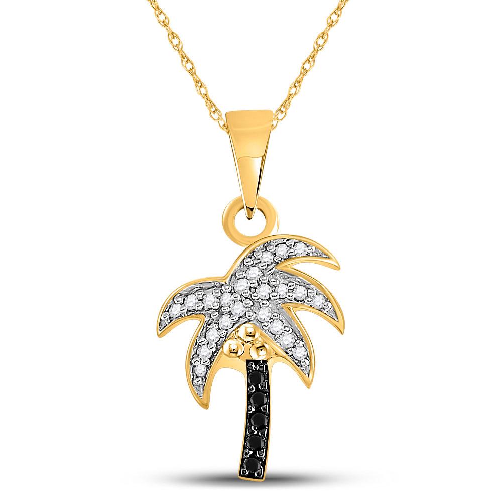 Diamond Nautical Pendant | 10kt Yellow Gold Womens Round Black Color Enhanced Diamond Palm Tree Pendant 1/8 Cttw | Splendid Jewellery GND