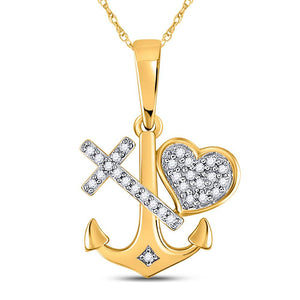 Diamond Nautical Pendant | 10kt Yellow Gold Womens Round Diamond Heart Cross Anchor Pendant 1/12 Cttw | Splendid Jewellery GND