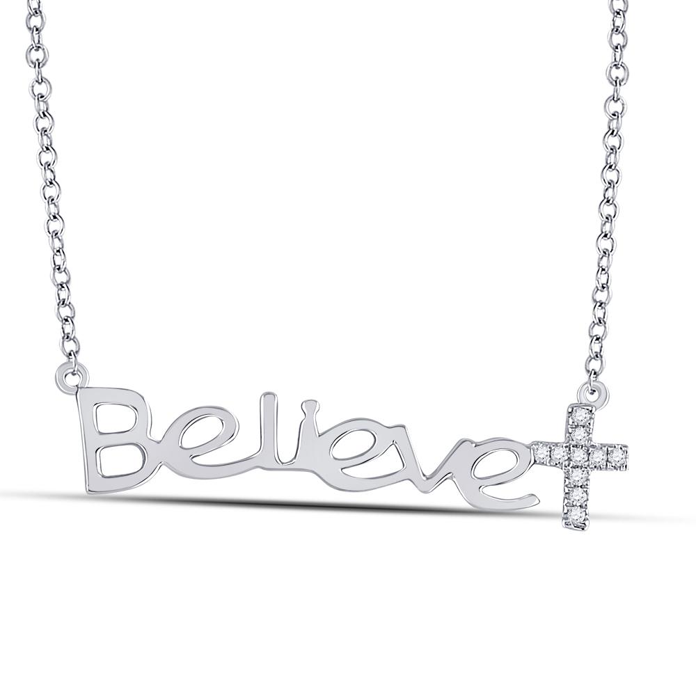 Diamond Pendant Necklace | 10kt White Gold Womens Round Diamond Believe Cross Necklace 1/20 Cttw | Splendid Jewellery GND