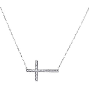 Diamond Pendant Necklace | 10kt White Gold Womens Round Diamond Horizontal Cross Pendant Necklace 1/10 Cttw | Splendid Jewellery GND