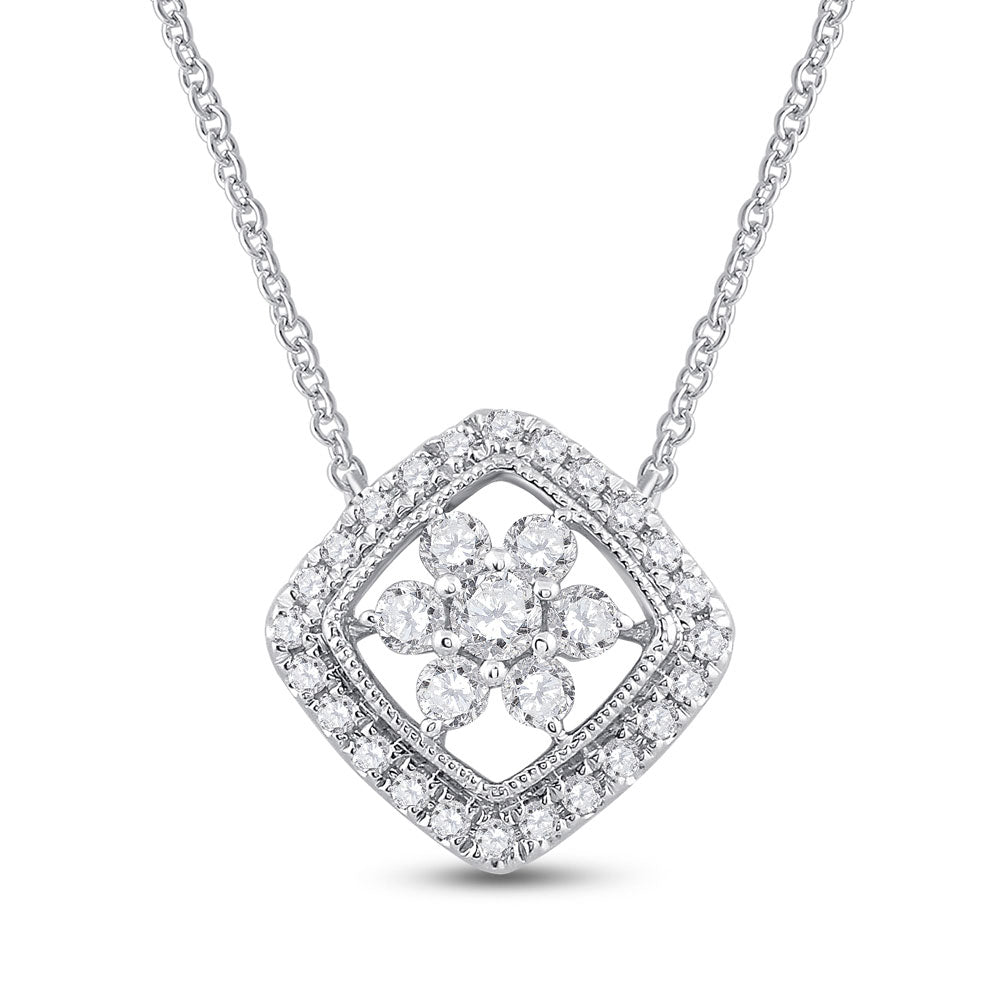 Diamond Pendant Necklace | 14kt White Gold Womens Round Diamond Offset Square Cluster Necklace 1/2 Cttw | Splendid Jewellery GND