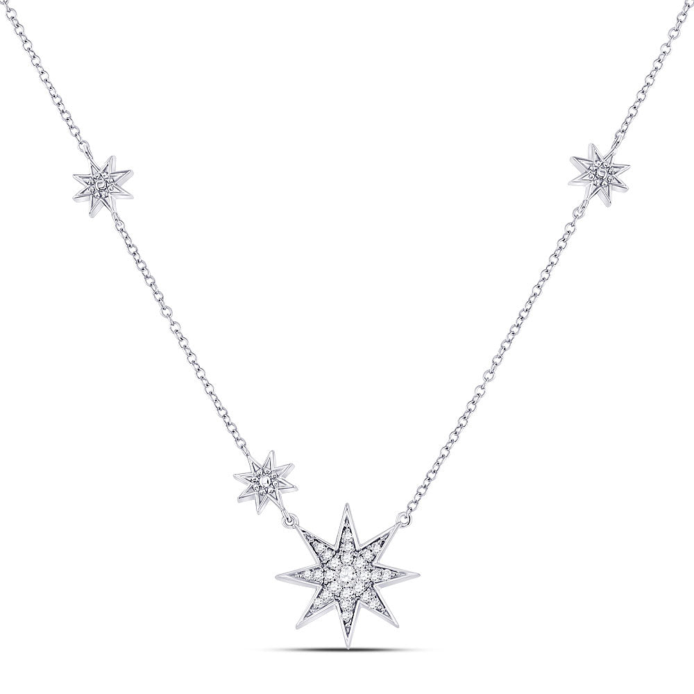 Diamond Pendant Necklace | 14kt White Gold Womens Round Diamond Starburst Fashion Necklace 1/5 Cttw | Splendid Jewellery GND