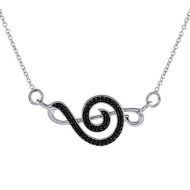 Melodic Noir: Sterling Silver Womens Round Black Color Enhanced Diamond Treble Clef Necklace  Top View from Splendid Jewellery