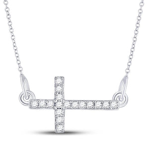 Diamond Pendant Necklace | Sterling Silver Womens Round Diamond Horizontal Sideways Cross Necklace 1/10 Cttw | Splendid Jewellery GND