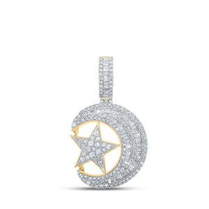 Diamond Star Pendant | 10kt Yellow Gold Womens Baguette Diamond Crescent Moon Star Pendant 3-5/8 Cttw | Splendid Jewellery GND