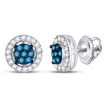 Load image into Gallery viewer, Blue Brilliance: 10k White Gold Womens Round Blue Color Enhanced Diamond Cluster Stud Earrings  Top View from Splendid Jewellery
