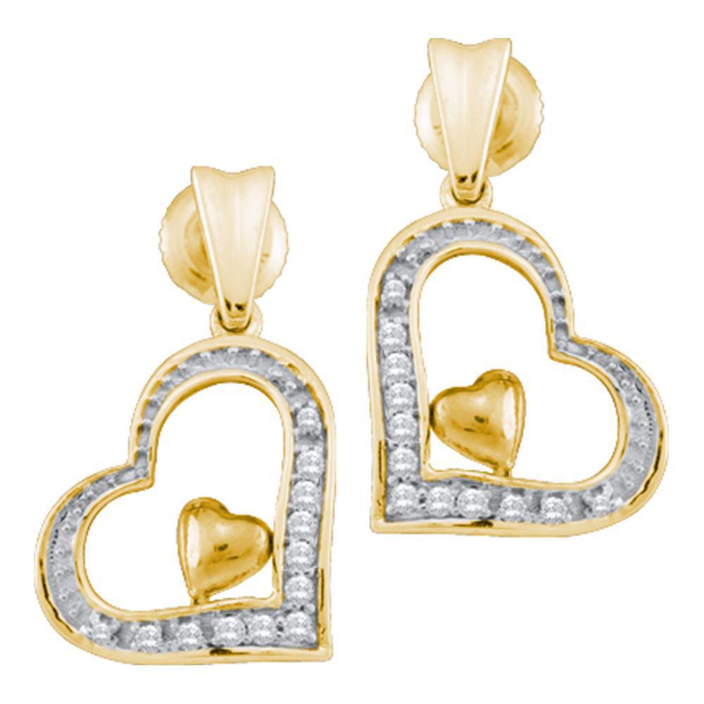 Earrings | 10k Yellow Gold Round Diamond Heart Dangle Stud Earrings 1/10 Cttw | Splendid Jewellery GND