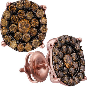 Earrings | 10kt Rose Gold Womens Round Brown Diamond Circle Flower Cluster Earrings 1 Cttw | Splendid Jewellery GND