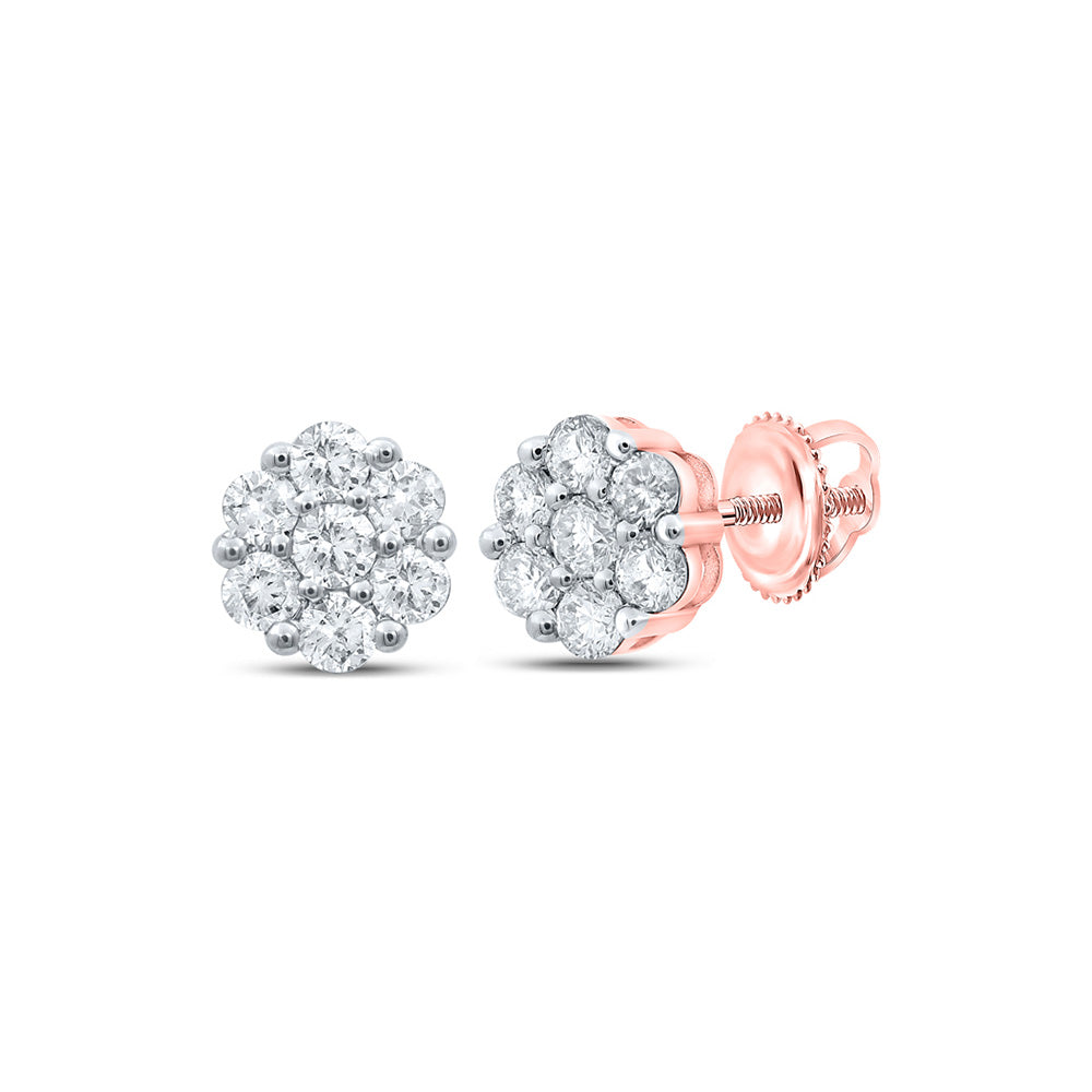Earrings | 10kt Rose Gold Womens Round Diamond Flower Cluster Earrings 1 Cttw | Splendid Jewellery GND