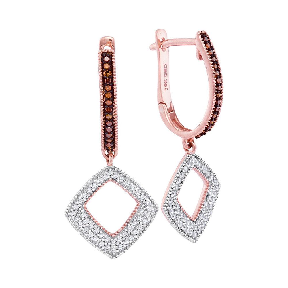 Earrings | 10kt Rose Gold Womens Round Red Color Enhanced Diamond Square Dangle Hoop Earrings 3/8 Cttw | Splendid Jewellery GND