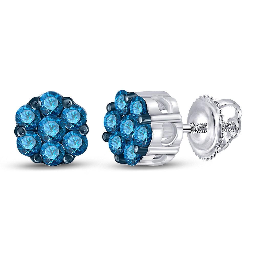Earrings | 10kt White Gold Womens Round Blue Color Enhanced Diamond Cluster Earrings 1/2 Cttw | Splendid Jewellery GND