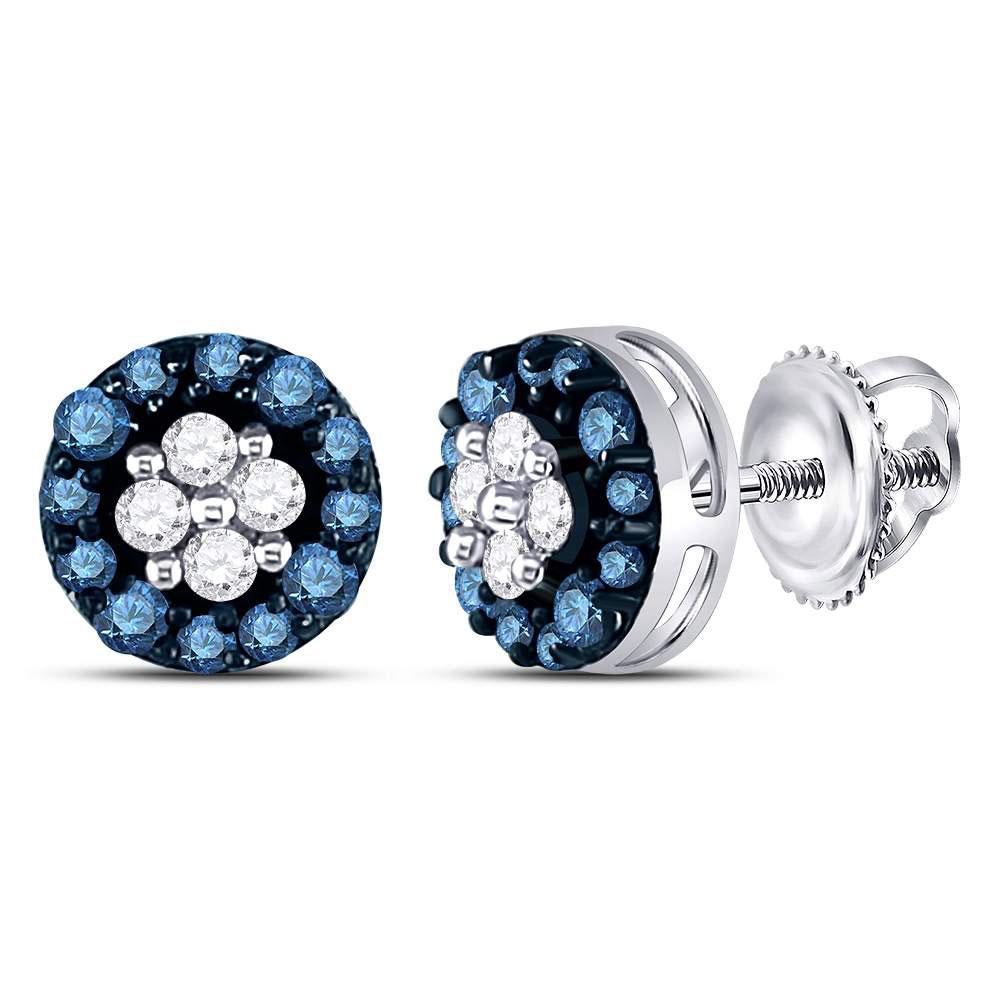 Earrings | 10kt White Gold Womens Round Blue Color Enhanced Diamond Cluster Earrings 1/3 Cttw | Splendid Jewellery GND
