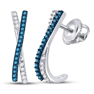 Earrings | 10kt White Gold Womens Round Blue Color Enhanced Diamond Half J Hoop Earrings 1/8 Cttw | Splendid Jewellery GND
