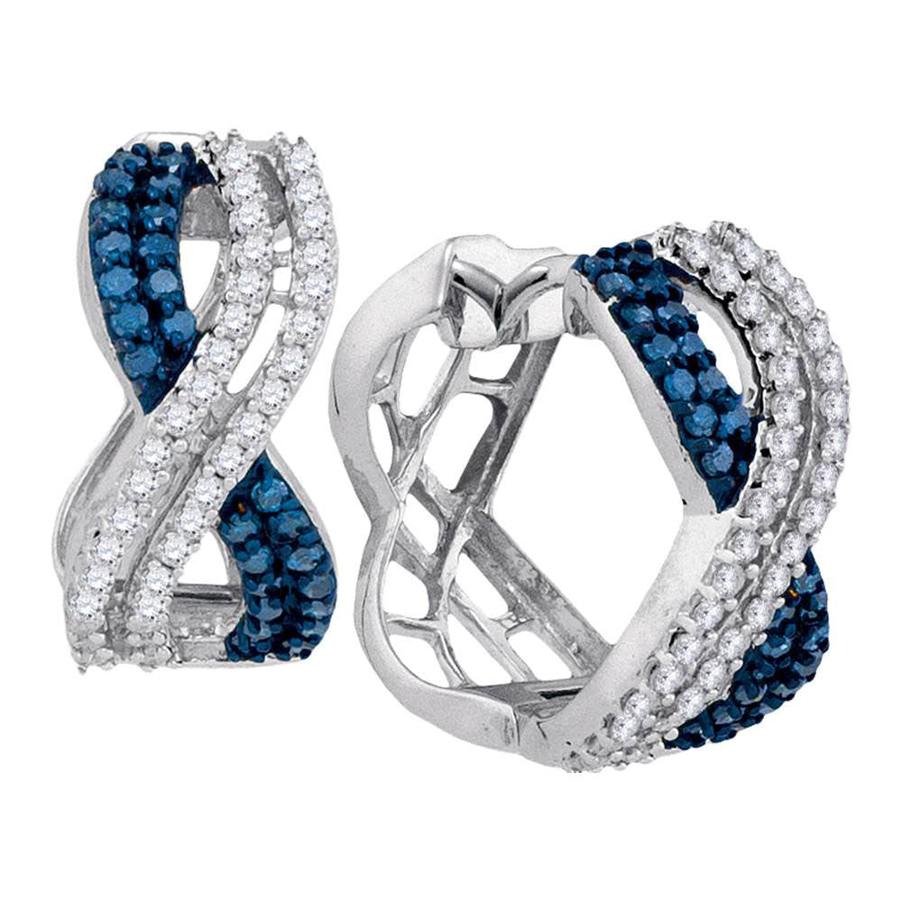 Earrings | 10kt White Gold Womens Round Blue Color Enhanced Diamond Hoop Earrings 1 Cttw | Splendid Jewellery GND