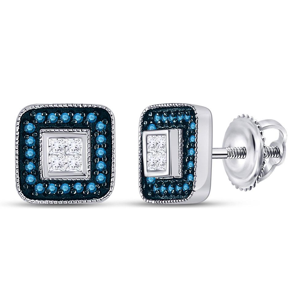 Earrings | 10kt White Gold Womens Round Blue Color Enhanced Diamond Square Cluster Earrings 1/3 Cttw | Splendid Jewellery GND
