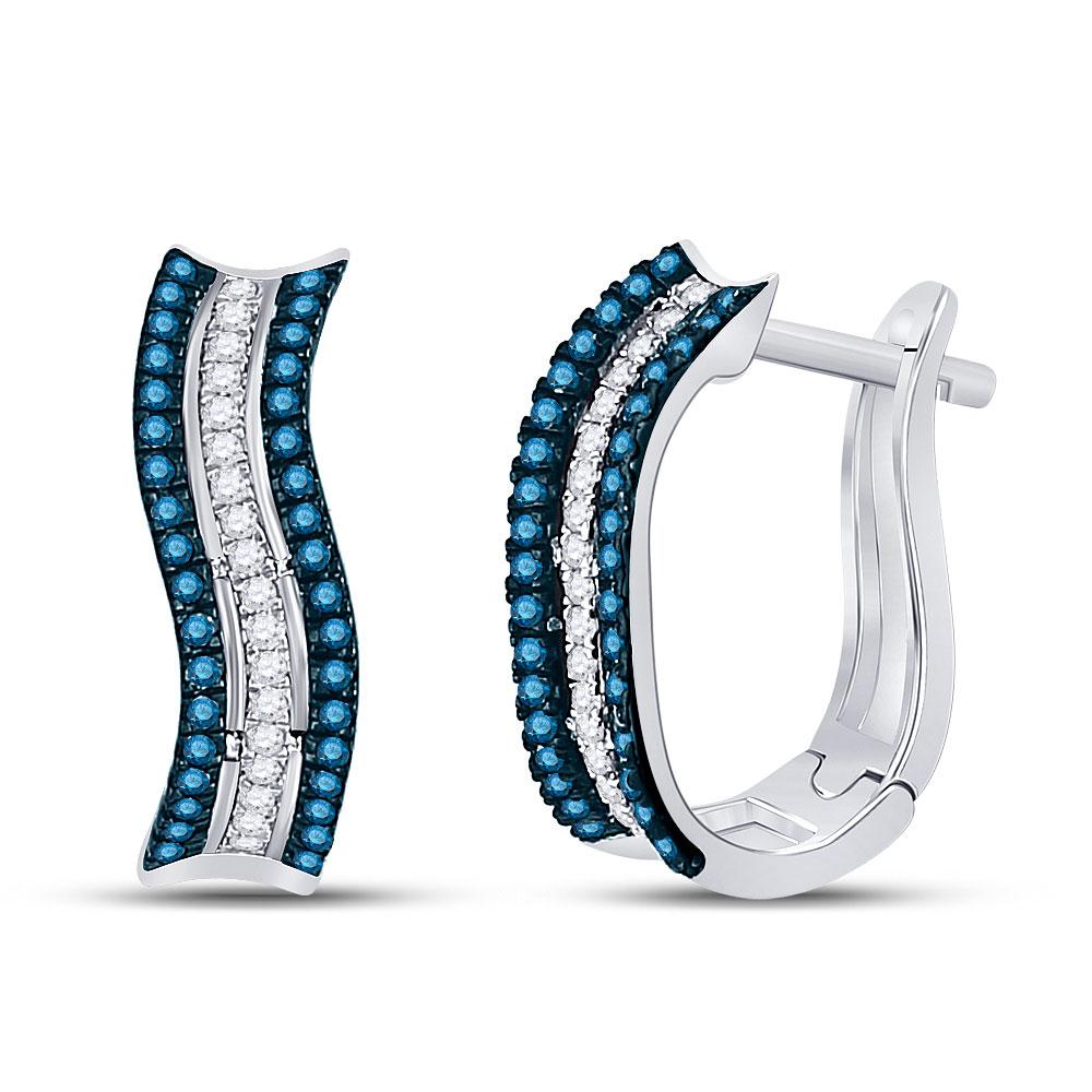 Earrings | 10kt White Gold Womens Round Blue Color Enhanced Diamond Striped Hoop Earrings 1/4 Cttw | Splendid Jewellery GND